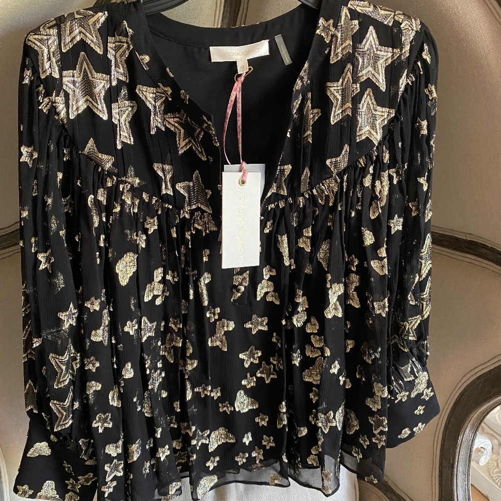 NWT LoveShackFancy Dionne Silk Top Metallic Stars Gold Black XS $365